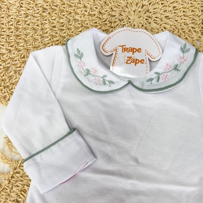 Body Branco com Gola Bordada Flores Rosa com Viés e Planta Verde Body Branco com Gola Bordada Flores Rosa com Viés e Planta Verde